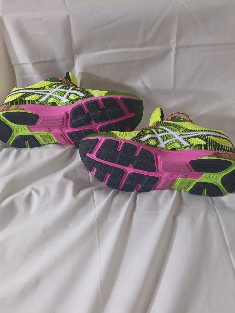 Asics Women Neon Yellow Athletic Running Shoes with Pink Accents